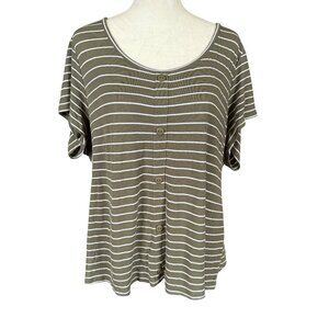 Rue+ olive green and white striped short sleeve stretchy top women's size 2X